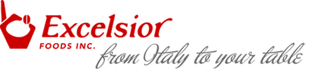 Excelsior Foods Inc. logo with red text and black script on a white background