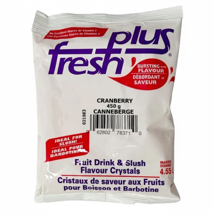 Packaging of Plus Fresh Cranberry drink crystals on a white background