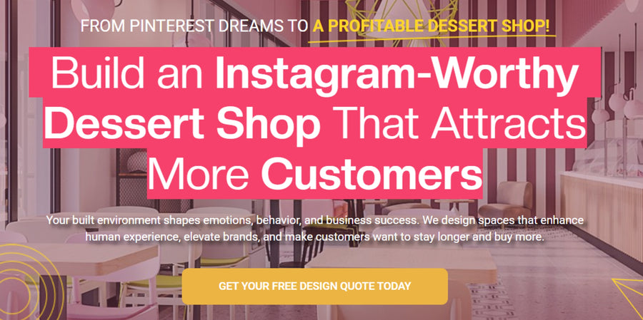 Promotional banner for building an Instagram-worthy dessert shop with text and a dessert shop interior in Canada.