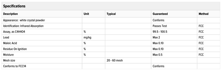 Fumaric Acid 20-60 M - 25kg - Specialty and Commodity Products - Bulk - Chemicals - Ingredients - Raw Material Distributor Canada