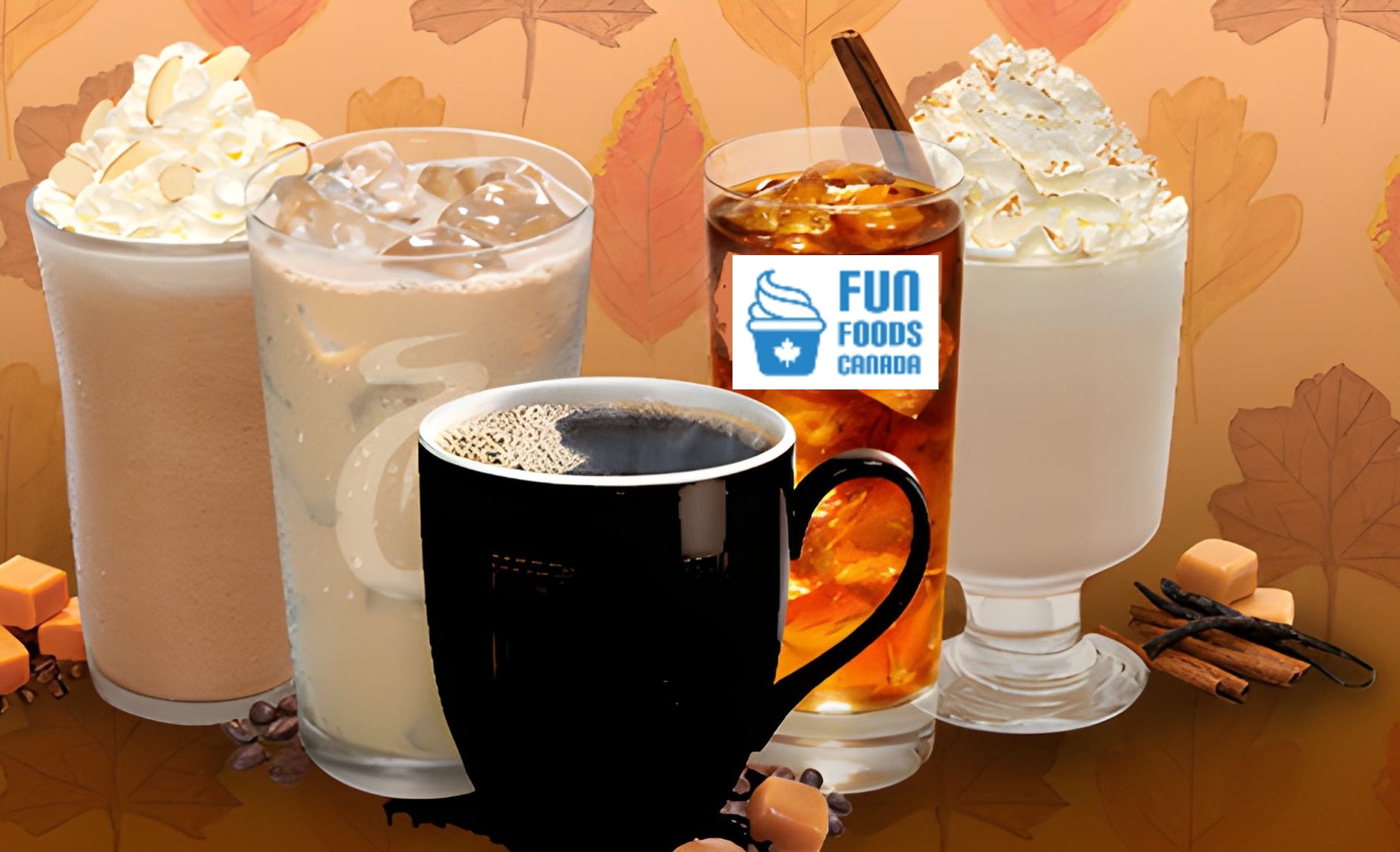 Assorted hot beverages including coffee, tea, and lattes on a decorative background with 'Fun Foods Canada' branding.