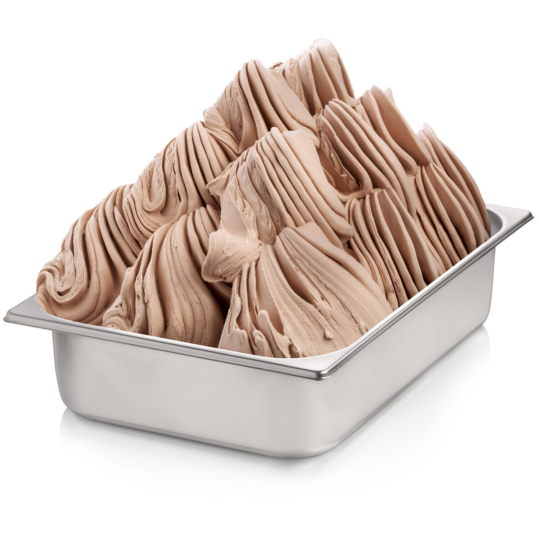 Rubicone Sugarfree Choco Hazelnut (Gianduia) Gelato on a wide stainless steel pan on a white background by Rubicone Canada