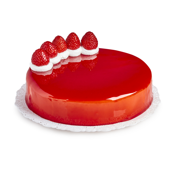 Cake coated with Rubicone strawberry mirror glaze and garnished with strawberries and cream on a white background