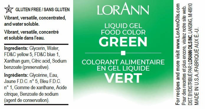 Lorann liquid gel food color green label with text and ingredients.