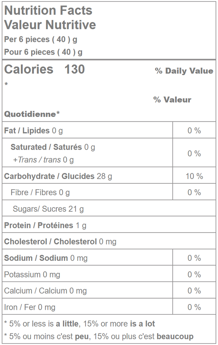 Nutrition facts label for soft gummy peach hearts