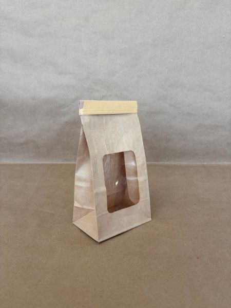 Sac en papier kraft avec fenêtre et fermeture à languette, doublé de PLA, 1/2 lb, 3,38" x 2,5" x 7,75", 500 unités, conforme à la norme ASTMD6400 - Emballage alimentaire jetable pour plats à emporter - Distribution canadienne
