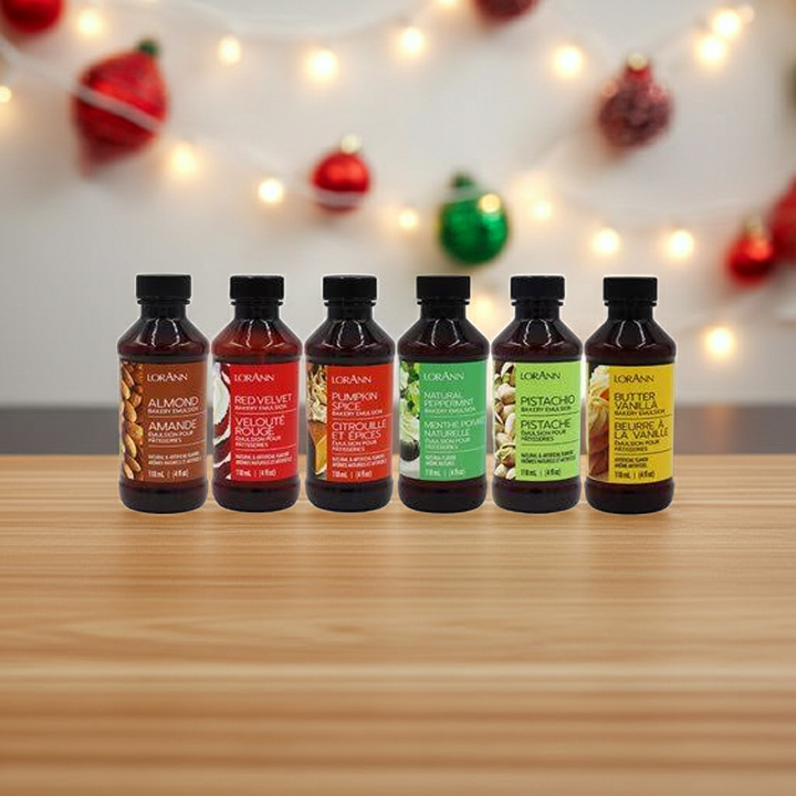 Our Holiday Emulsion Variety Pack includes 1 each (4-oz bottles): Almond, Butter Vanilla, Peppermint, Pistachio, Pumpkin Spice, and Red Velvet.