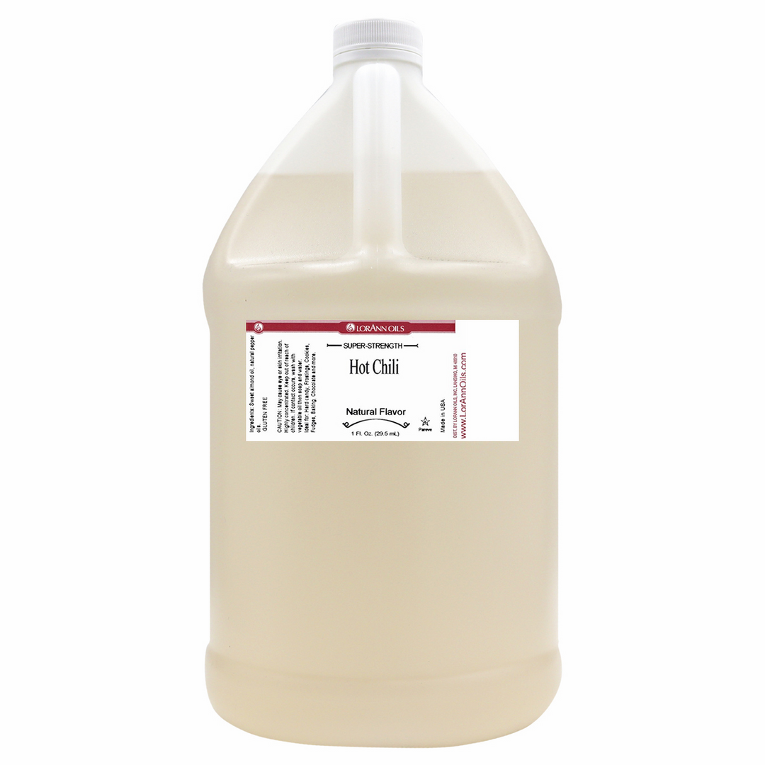 Gallon container of hot chili flavor oil on a white background