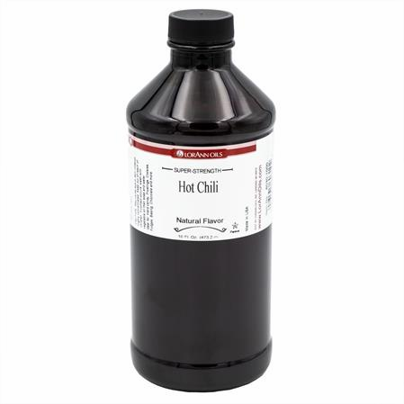 Black bottle of LorAnn Oils Hot Chili flavor on a white background