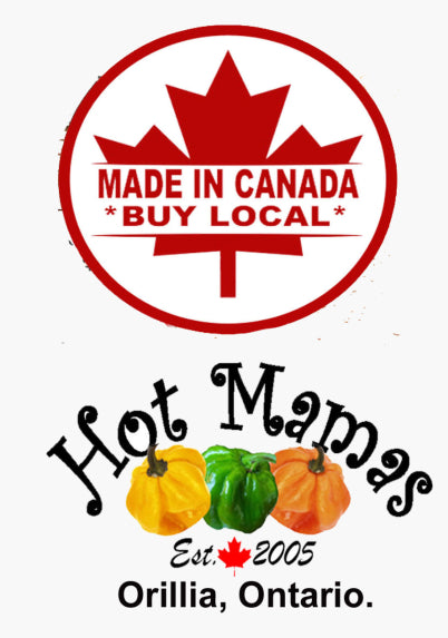 Logo with 'Made in Canada, Buy Local' and 'Hot Mamas' branding on a white background