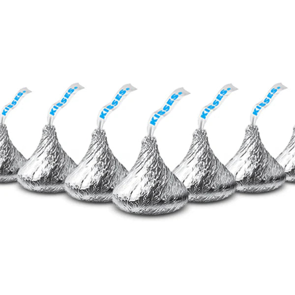 Silver Hershey's Kisses chocolate candies with blue ribbons on a white background
