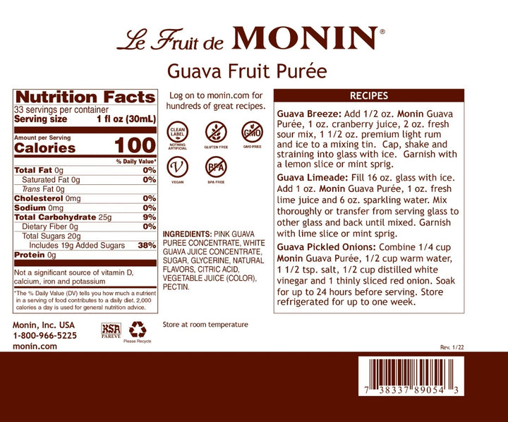 Ingredients for Guava Purée - Monin - Premium Fruit Purees - 4 x 1L Plastic Bottle