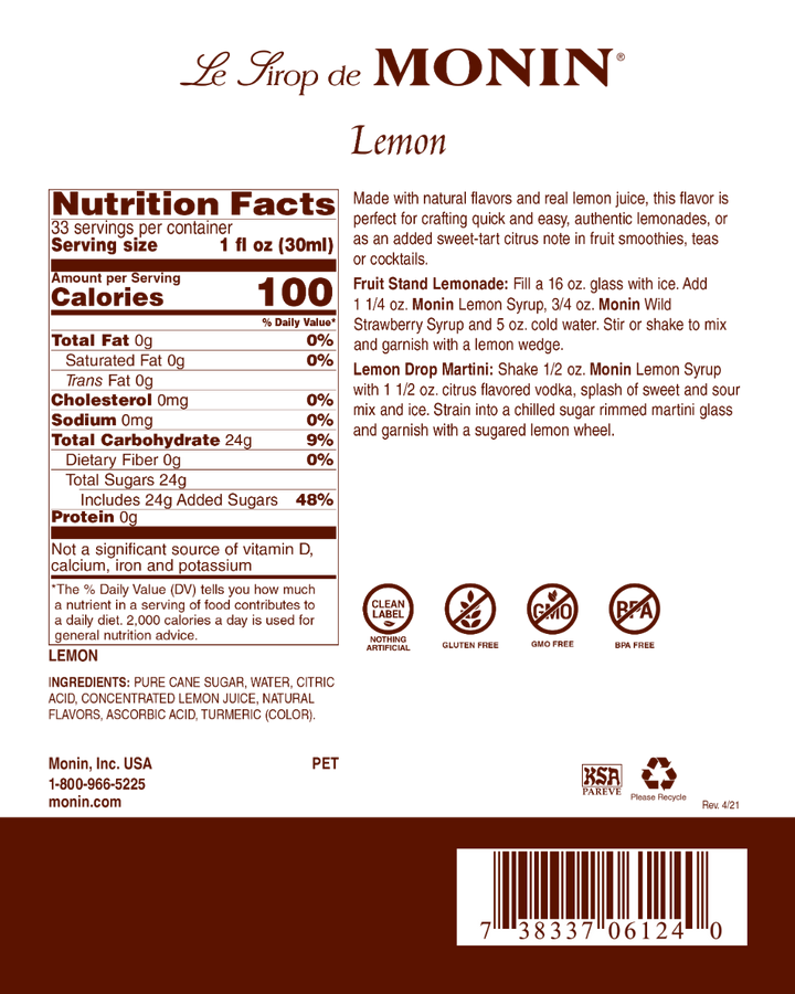 ingredients for Lemon Syrup - Monin - Premium Syrups and Flavourings - 4 x 1 L per case