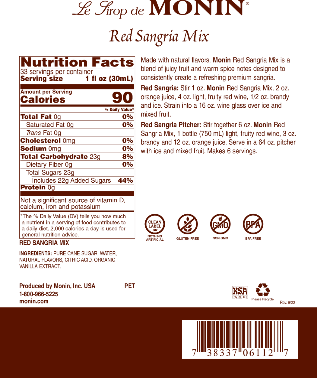 ingredients for Red Sangria Mix - Monin - Premium Syrups and Flavourings - 4 x 1 L per case