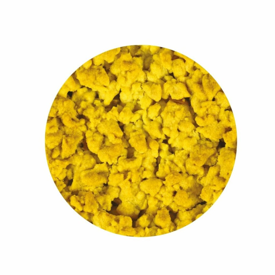 Close up texture image of lemon crumble on a white background