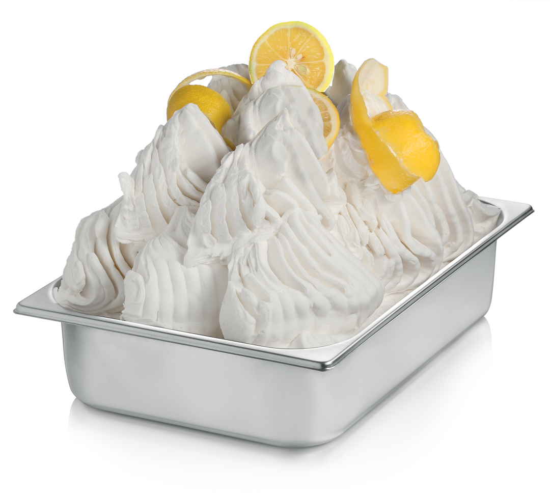 Stainless Steel Wide Gelato Pan filled with finished product of Rubicone Lemon 50 - Lemon gelato base - on a transparent background