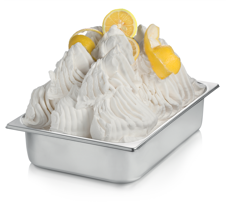 Stainless Steel Wide Gelato Pan filled with finished product of Rubicone Lemon 50 - Lemon gelato base - on a transparent background