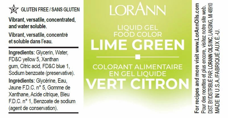 LorAnn Lime Green liquid gel food color label with ingredients and branding details.