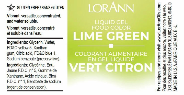 LorAnn Lime Green liquid gel food color label with ingredients and branding details.