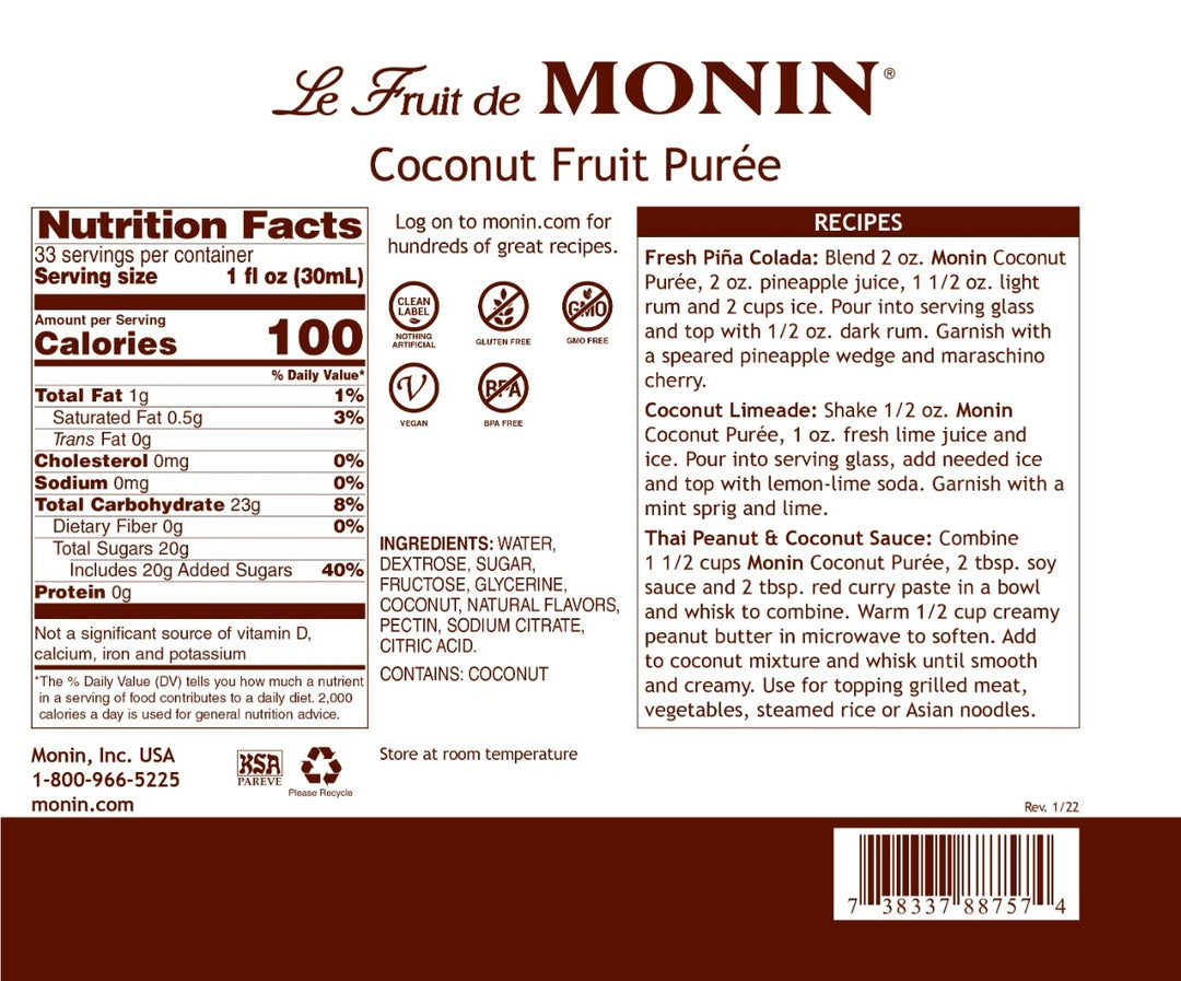 Foodservice Label - Coconut Purée - Monin - Premium Fruit Purees - 1L Plastic Bottle