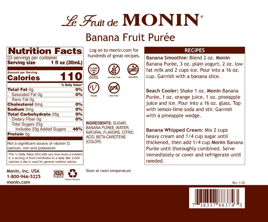 Canada - Banana Purée - Monin - Premium Fruit Purees - 1L Plastic Bottle