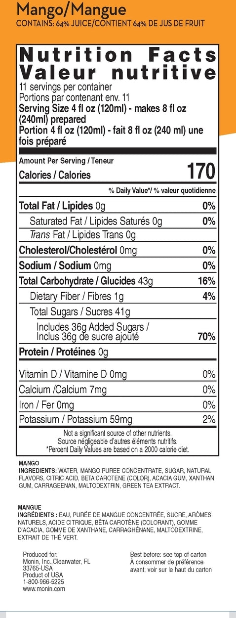 Nutritional Info Mango Fruit Smoothie Mix - Monin Canada - 6 x 46 oz