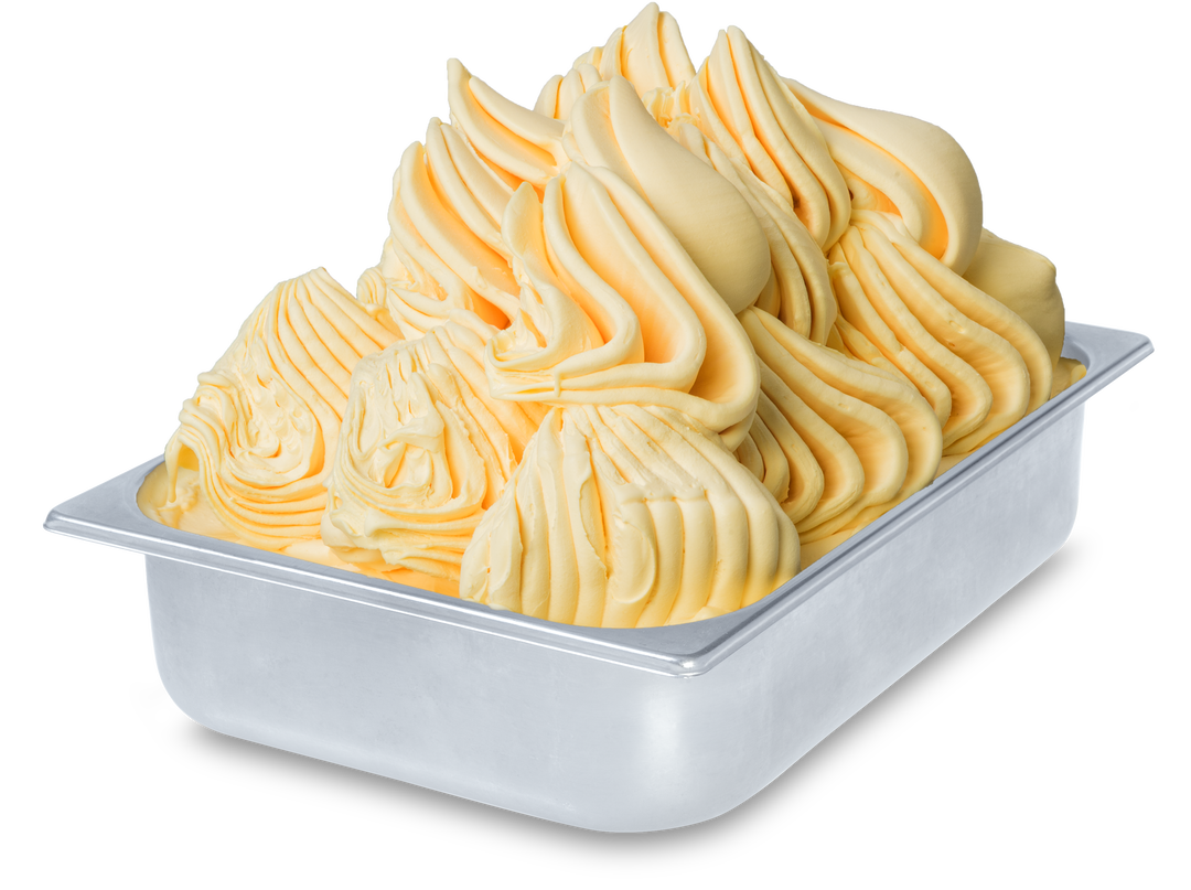 Mango Gelato in a wide stainless steel gelato pan - made with Rubicone ready mango base 