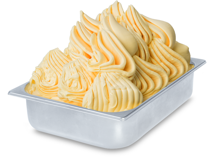 Mango Gelato in a wide stainless steel gelato pan - made with Rubicone ready mango base 