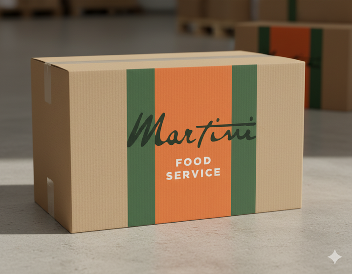 Cardboard box with 'Martini Food Service' branding on a warehouse -floor.  Canadian Distributor Fun Foods Canada