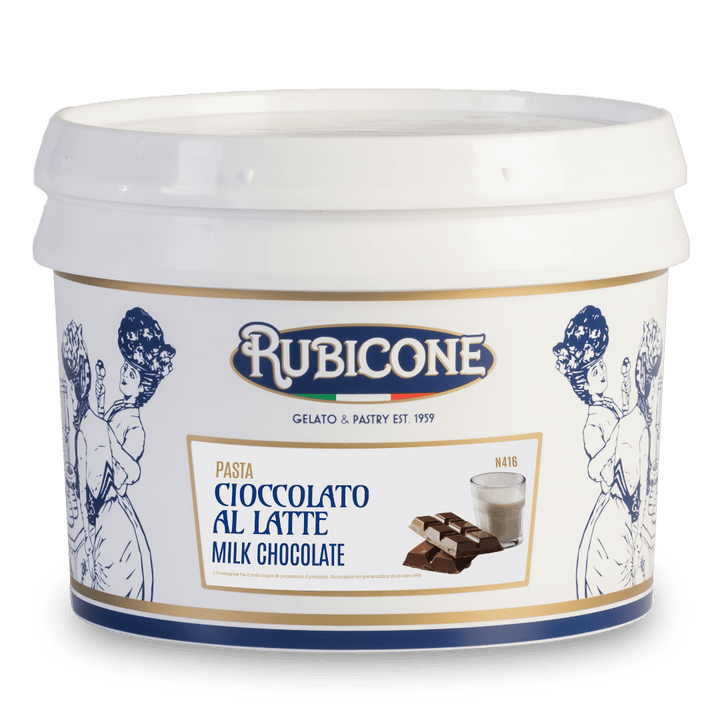 3 KG bucket of Rubicone Milk Chocolate Classic Gelato Paste on a white background