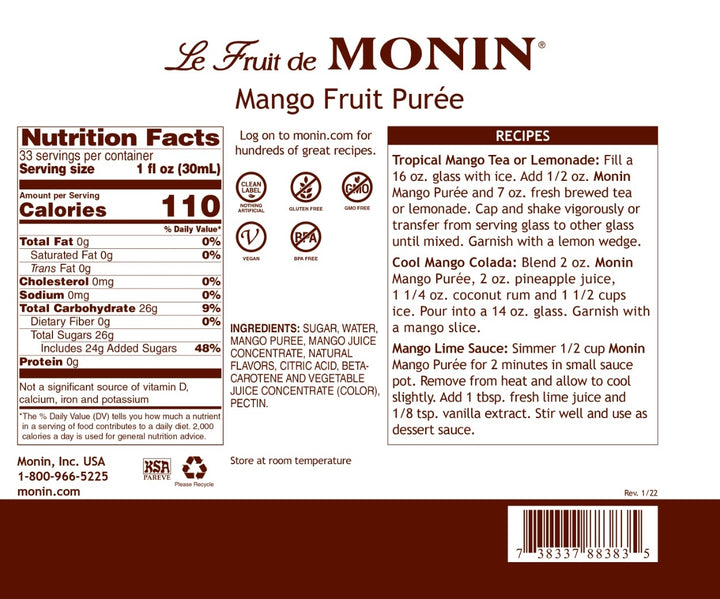 Nutritional Info - Mango Purée - Monin - Premium Fruit Purees - 1L Plastic Bottle