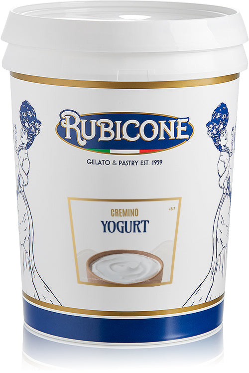 5 KG bucket of Rubicone Yogurt Flavoured Smooth Spreadable Filling Cream, "Cremino Yogurt" on a white background