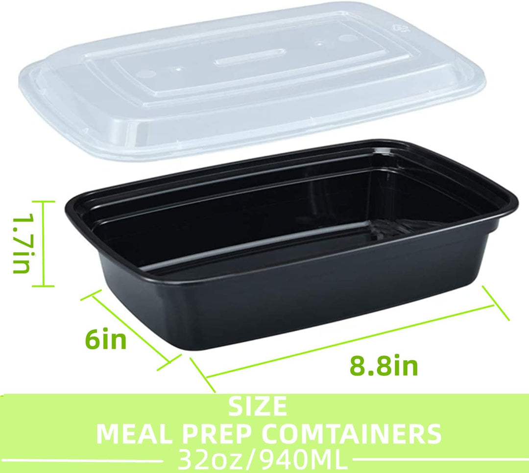 Plastic Meal Prep Containers with Lids - Pack of 30 - 32oz or 38oz - Leakproof Rectangular Food Storage Container