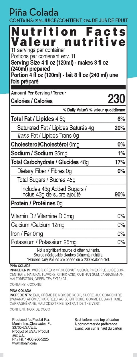 Nutritional Info Pina Colada Fruit Smoothie Mix - Monin Canada - 6 x 46 oz