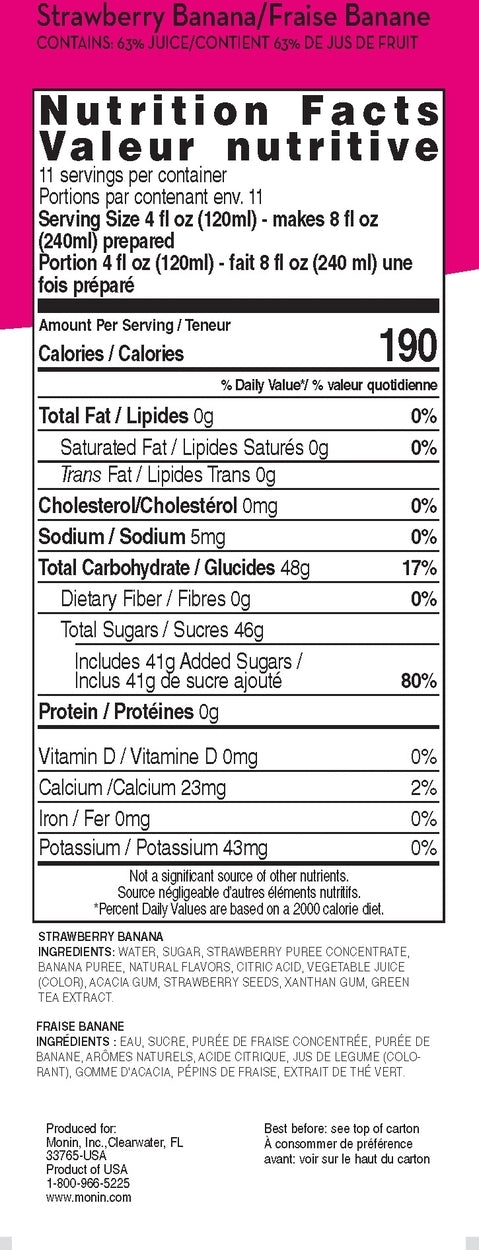 Nutritional info Strawberry Banana Fruit Smoothie Mix - Monin Canada - 6 x 46 oz