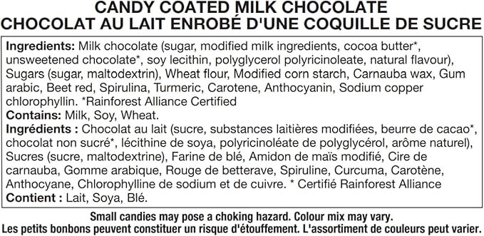 Ingredients list for smarties candy coated milk chocolate with a focus on allergens and certification details.