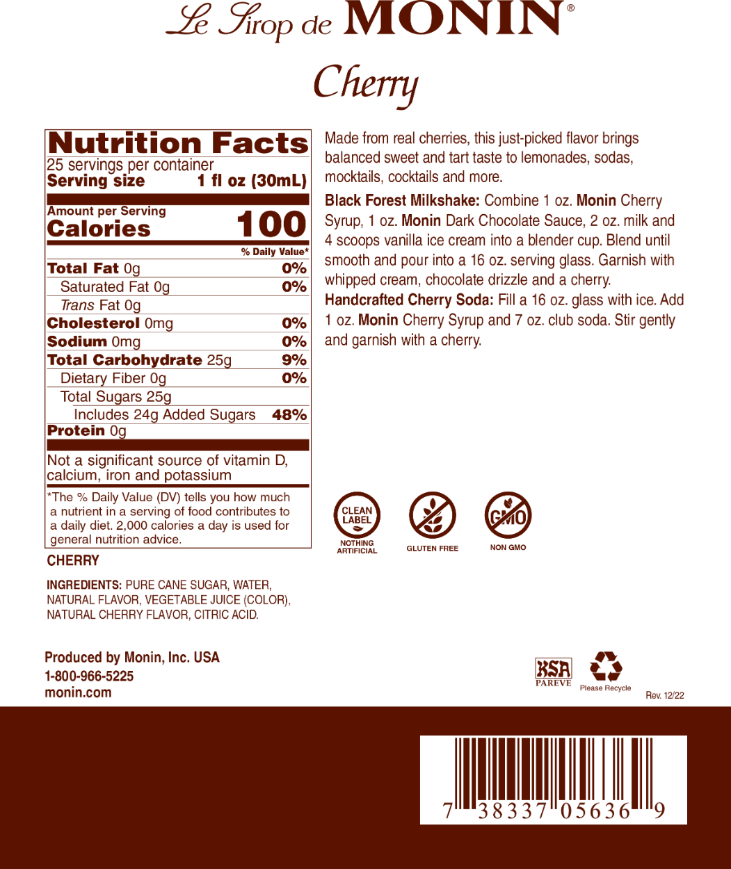 Nutritional Info Cherry - Monin Canada - Premium Syrups and Flavourings - 4 x 1 L 