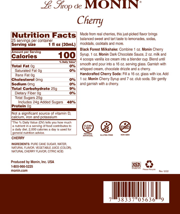 Nutritional Info Cherry - Monin Canada - Premium Syrups and Flavourings - 4 x 1 L 