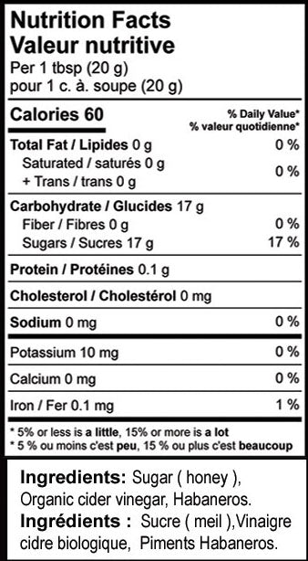 Nutritional Facts and Ingredients for Hot Honey - Hot Mamas – 355 grams Bottle or Case of 12 x 355 grams- Made in Canada -Sweet Heat Condiment - Canadian Distribution - Ships Free Within Canada on Orders Above CAD $199