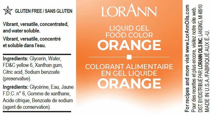 LorAnn Liquid Gel Food Color Orange label with ingredients and branding details.