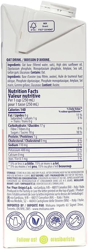 Orasi Oat Beverage Nutritional Info Canada