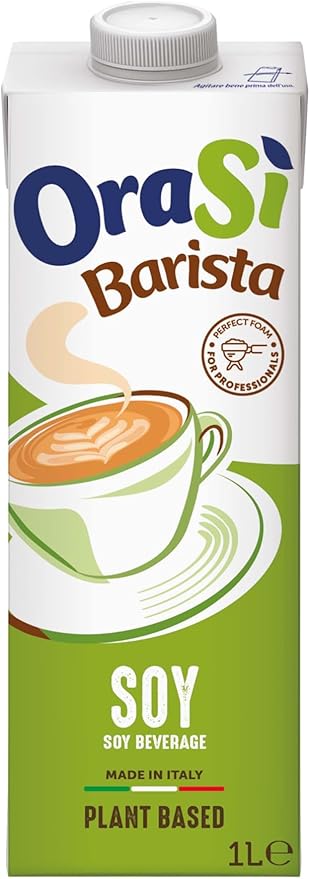 Orasi Barista soy beverage carton with a cup of coffee illustration on a white background