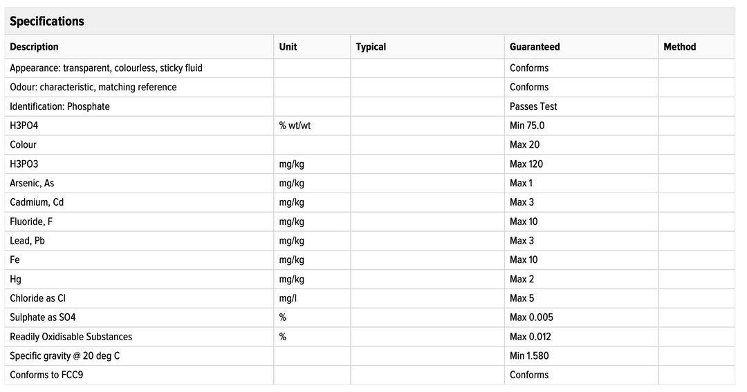 Phosphoric Acid 75% FCC - 1600kg - Specialty and Commodity Products - Bulk - Chemicals - Ingredients - Raw Material Distributor Canada