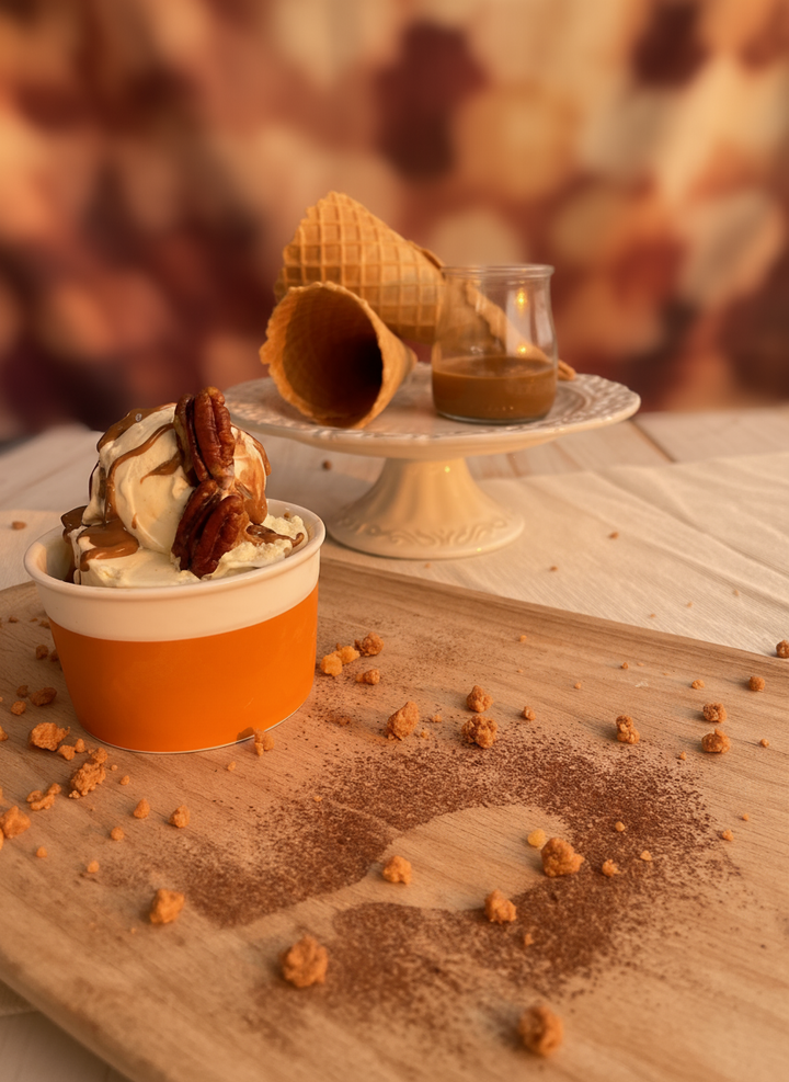 Rubicone caramel dry crumble on top of ice cream