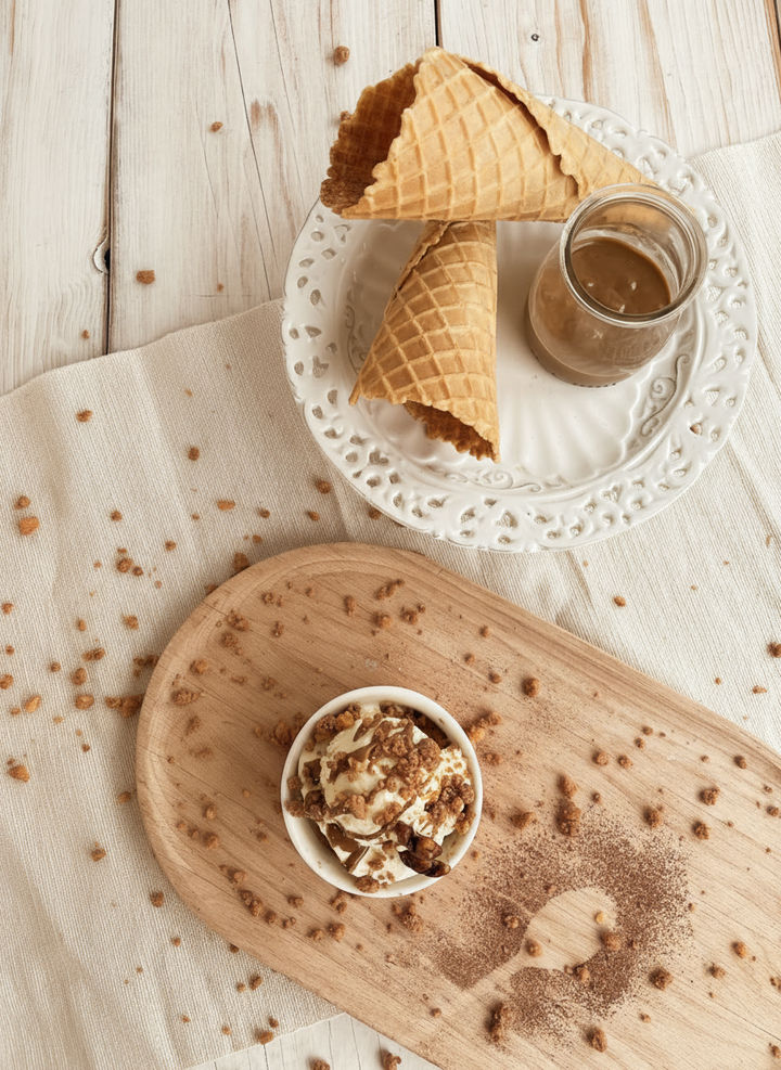 Rubicone caramel dry crumble on top of ice cream