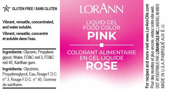 LorAnn Pink liquid gel food color packaging with text and gradient design.