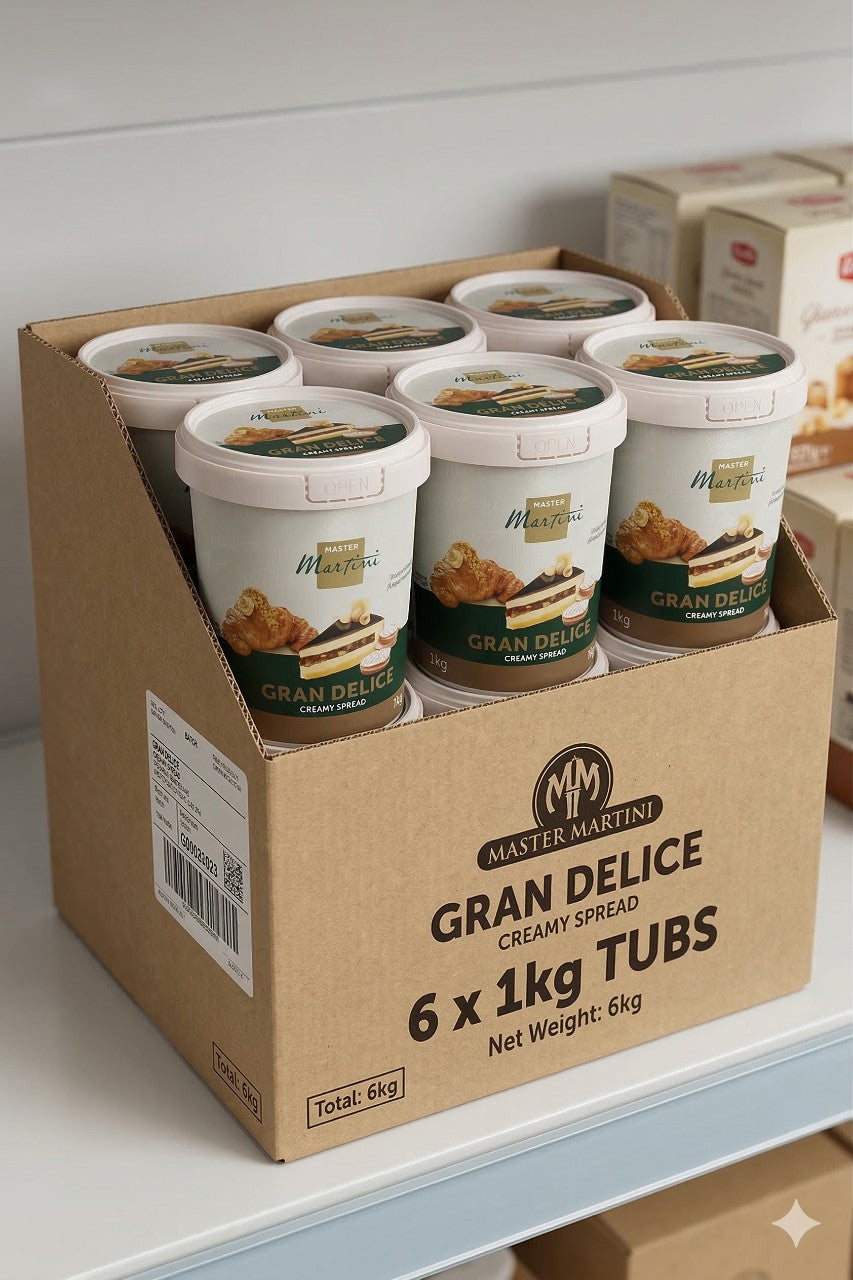 Box of Master Martini Gran Delice Pistachio creamy spread tubs on a white surface