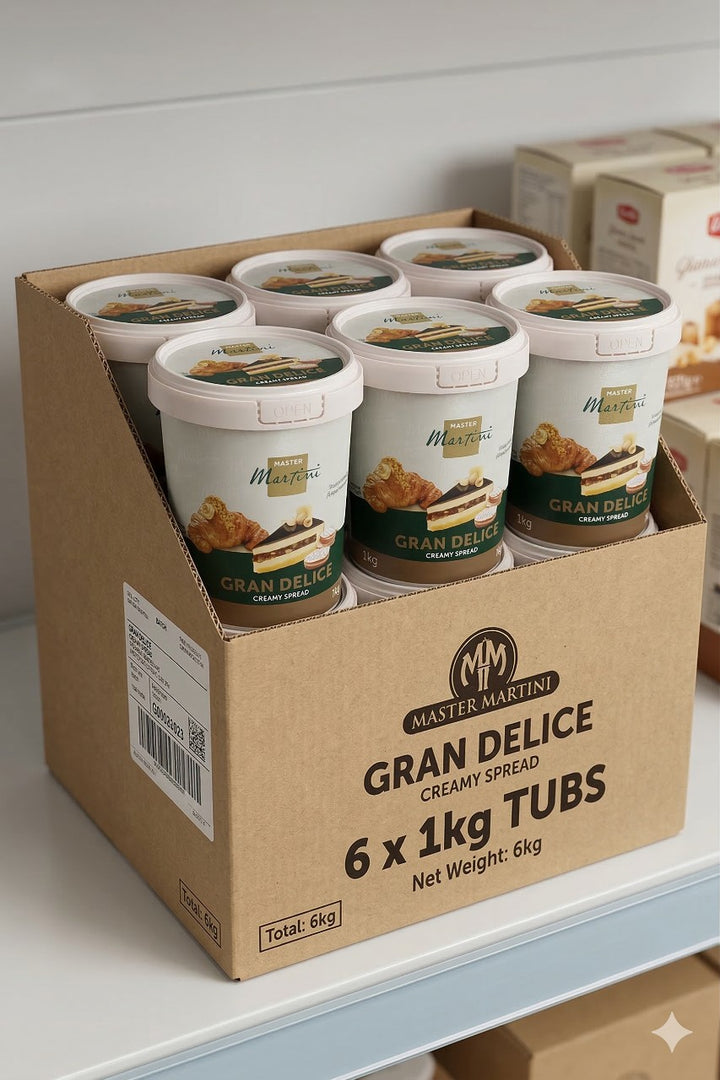 Box of Master Martini Gran Delice Pistachio creamy spread tubs on a white surface