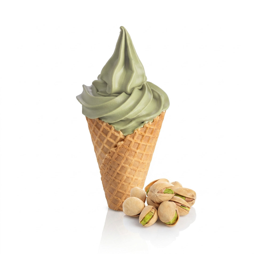 Pistachio ice cream in a waffle cone with pistachios on a white background