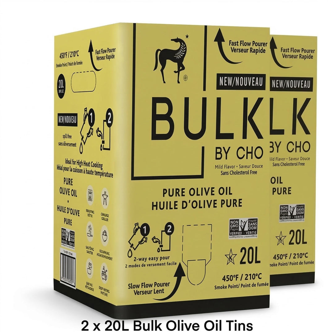 Two Boxes of Bulk Olive Oil by CHO with yellow and black design for Canadian Distribution
